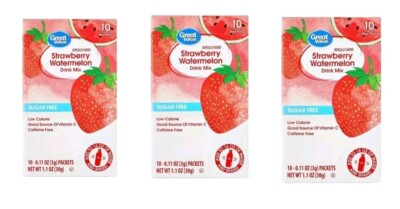 3 BOXES - Great Value Strawberry Watermelon Drink Mix Sugar FREE - 30 PACKETS