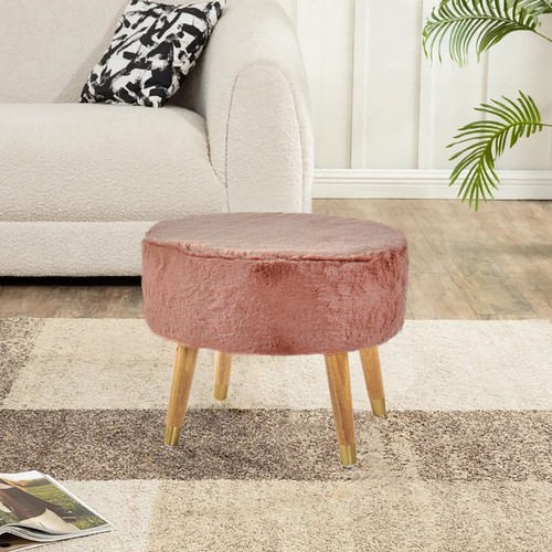 Modern Oval Faux Fur Ottoman Plush Padded Pouf w/ Wood Legs for Cozy Home Decor - Picture 19 of 80