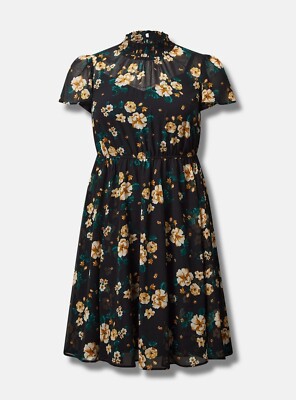 Torrid Plus Size 4 / 26 Black Floral Mini Chiffon Smocked Dress Dress NWT $75