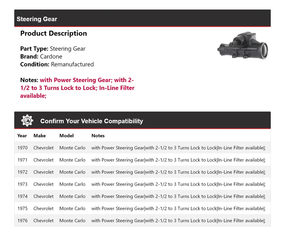Para Chevrolet Monte Carlo 1970-1976 engranaje de dirección Cardone 1971 1972 1973 1974 Foto 2 de 4