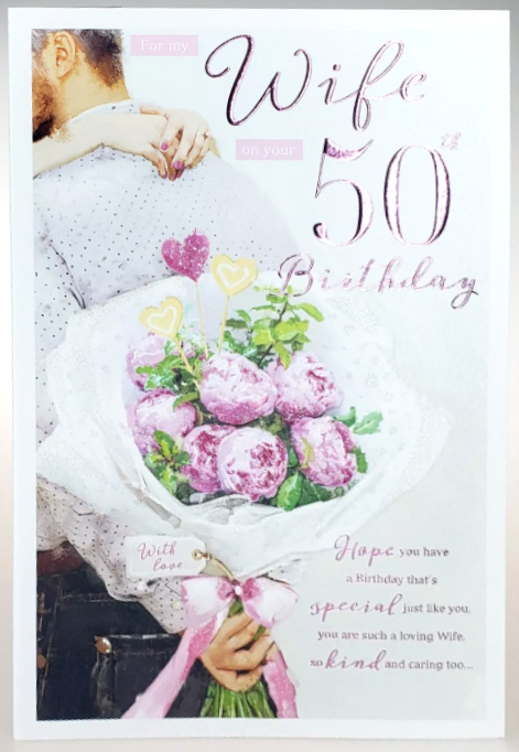 Birthday Card WIFE 50th 50. **Foil embossed 9"" Card, Paper pages inside**
