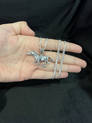 925 Sterling Silver Big Running Horse Caballo Pendant & Curb Chain 20 24 30