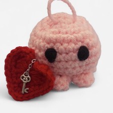 Crochet Pink Octopus Key Chain Bag Charm Set w/ Red Heart, Metal Keyring