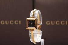  [Exc+5 w/ Box] GUCCI 1900L Pink Gold Black Square Quartz Ladies Watch 16.5-17cm