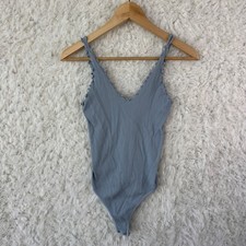 Intimately Free People Ribbed Lettuce Trim V Neck Bodysuit Blue XS/S Feminine
