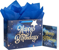 13" Large Gift Bag with Card and Tissue Paper - Navy Star Gold Foil Happy Birthd