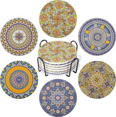 Coasters for Drinks Set of 6 - Bar Coaster with Cork Base and Multicolor 