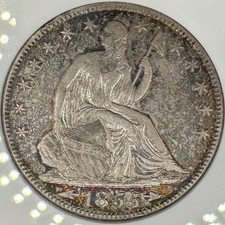 1855-O WB-101 Seated Liberty Half Dollar ANACS Soapbox AU53 Rainbow Toned VIDEO!