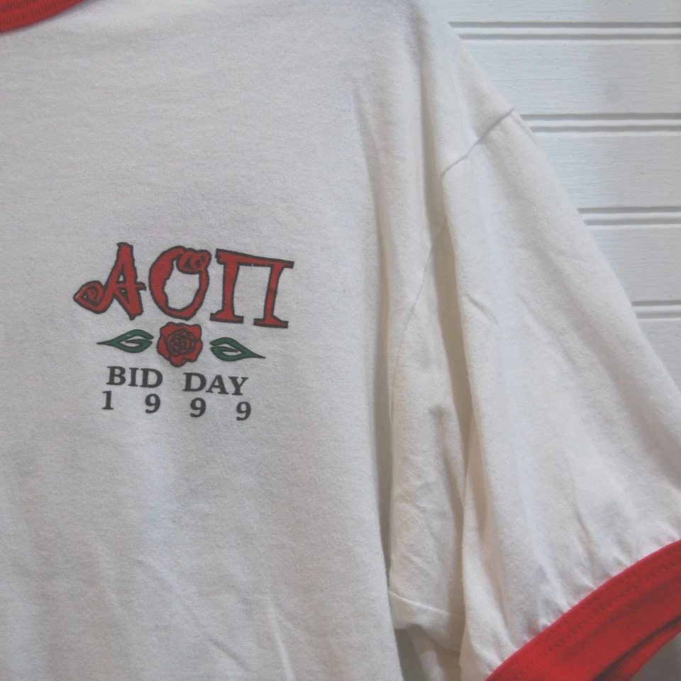 Vintage Sorority t-shirt Women's Large Alpha Omicron Pi Ringer tee 90s - Image 2 of 4