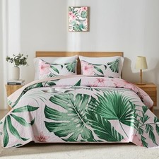 Queen Quilt Bedding Set,Green Botanical Full/Queen 90"x96" Pink Botanical
