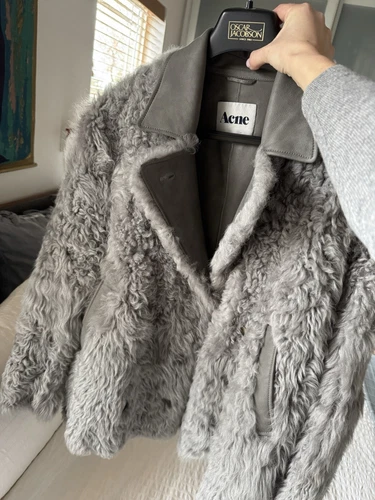 ACNE STUDIOS Giacca di pelliccia di shearling grigio lana cappotto di pea taglia 36 (6US)