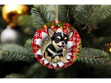 Chihuahua Ornament Black Tan Aluminum Double Sided Holiday Tree Decor