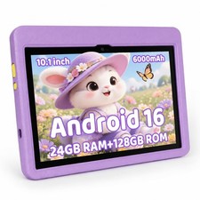 Kids Tablet 10 inch Android 16 Tablet, 24GB RAM 128GB ROM 1TB Expand, Purple
