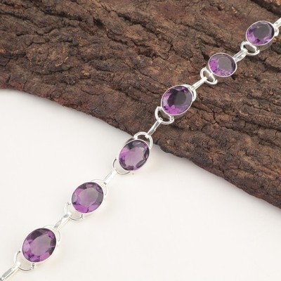 Sterling Silver Oval Amethyst Engagement Chain Mother Unique Handmade Bracelet