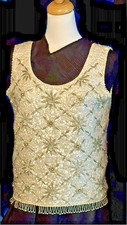 VTG 60  s Ivory Sequin Beaded Sleeveless Cocktail Top Tasseled Hem Back Zip Sz 12