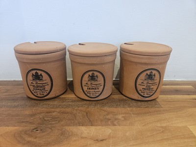 3 seltene Mr Brannams Terrakotta Honig-, Marmeladen- & Marmeladentöpfe mit Deckel 