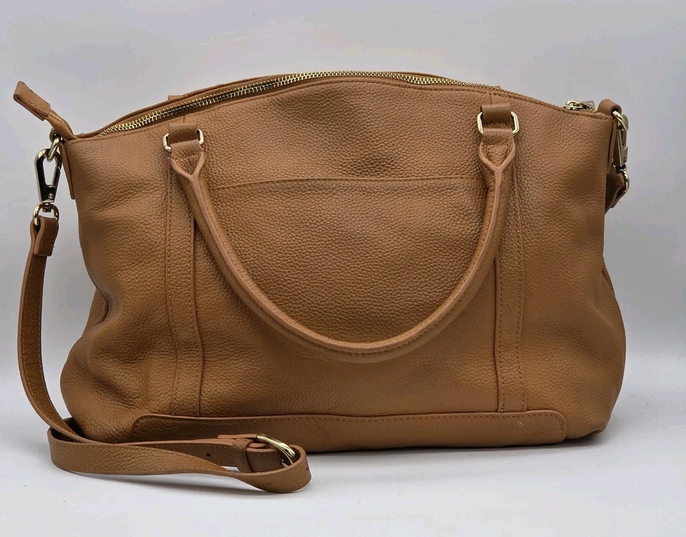 Ora Delphine Satchel Purse Caramel Brown Pebbled Leather Bag Crossbody Strap - Image 2 of 4