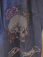 Ed Hardy Blue Blinged Skull Large Women's Zip Up Velour Sweatshirt