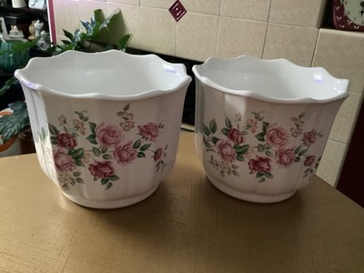 2 (Paar) Tudor Keramik Bristol Pflanzgefäße Rosa Rose Dekor @17cm Durchmesser x 14cm H