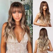 Human Hair New Fashion Women's Long Natural Golden Brown Wavy Wigs 20 In