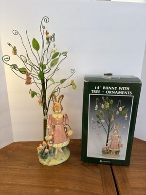 #ad Vintage Pacific Rim Easter Rabbit Bunny Tree With Ornaments Resin Spring Decor $22.49