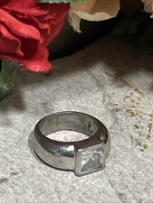 47. Vintage Modern 925 Sterling Square White CZ Crystal Thick Band Ring 7s, 9.4g