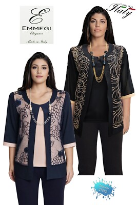 Emmegi Complete Twin Set Women Duster + Top + Necklace Made in Italy