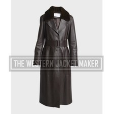 Leather Coat With Fur Collar For Women, Womens Trench Coats In Black, 30% Off