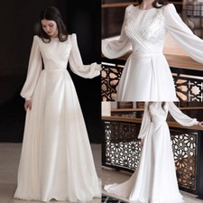 Luxury Muslim Wedding Dresses O-Neck Long Sleeves Satin Draped Pleat Bridal Gown