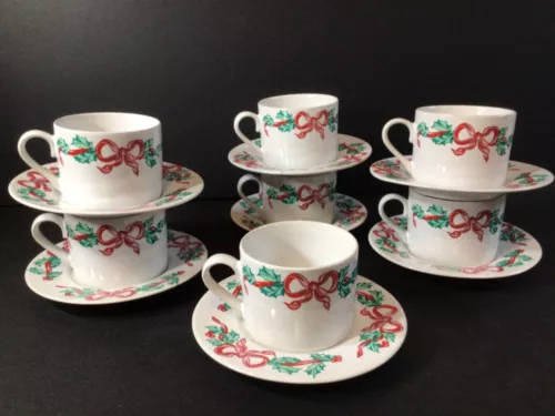 Vintage International Tableworks China Christmas Ribbon Cups and Saucers 