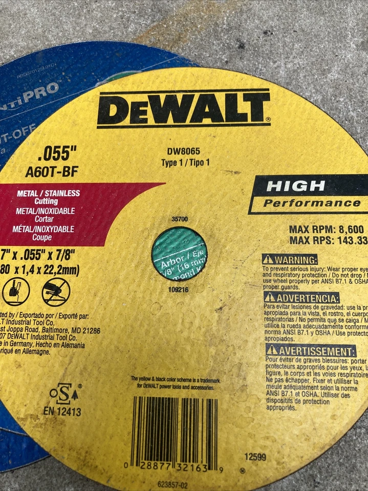 Lot 2 Piece Masonary Circular  Cut-off 1 Metal Dewalt Circular Wheel 7”  - Image 2 of 4