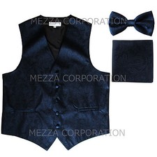 New Vesuvio Napoli Men's paisley Tuxedo Vest Waistcoat Bowtie Hankie Navy blue