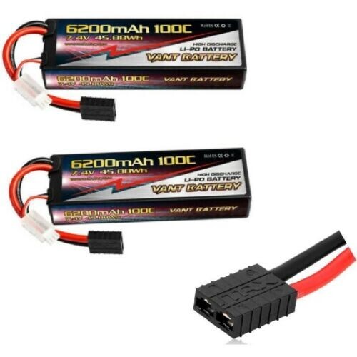 2 pack VANT 6200mAh 2S 7.4 100C LiPo Battery FITS Traxxas SLASH RUSTLER 4X4 2WD