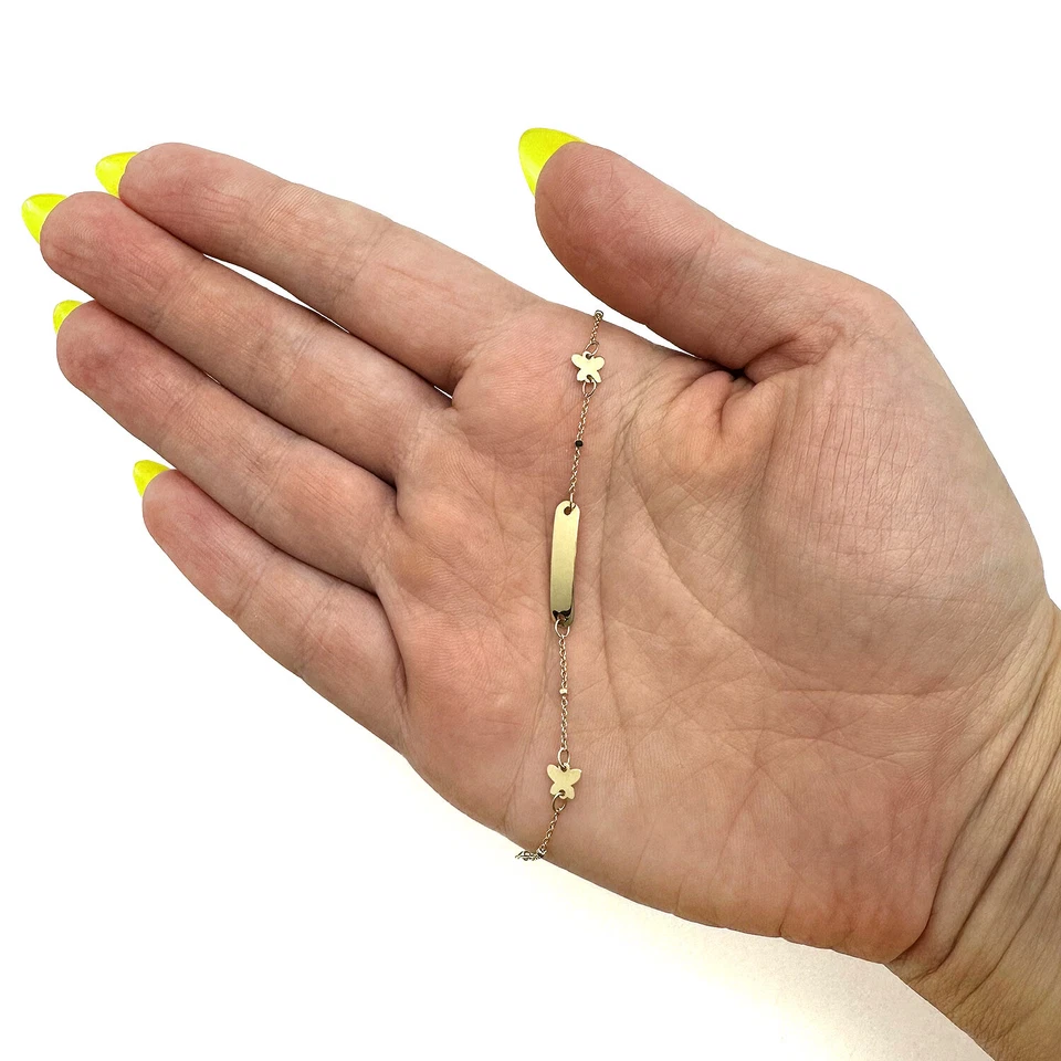 Kids 14K Yellow Gold Custom ID Bar Butterfly Bracelet Solid Links 4.75-5.5" Adj - Image 3 of 4