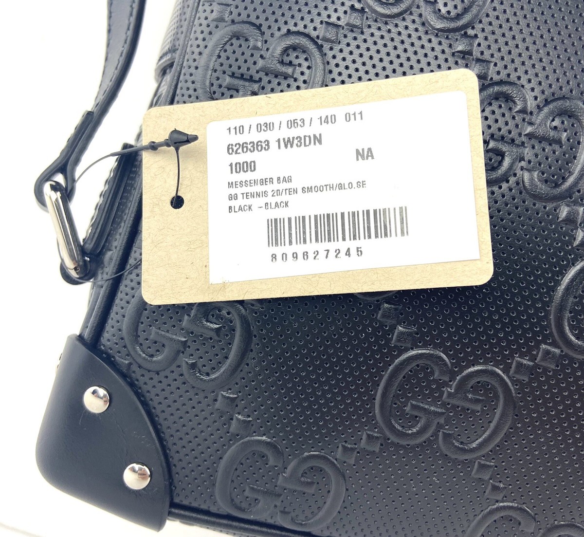 New Authentic Gucci GG Embossed Black Leather Unisex Messenger Bag
