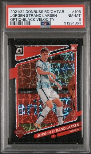 2021-22 Donruss Soccer Road to Qatar JORGEN STRAND LARSEN Optic Black /25 PSA 8