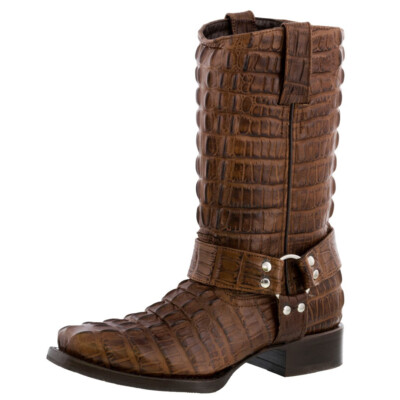 Mens Motorcycle Boots Leather Harness Alligator Tail Print Square Toe Brown Bota