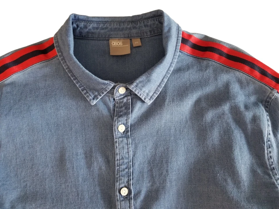 ASOS Mens Size 2XL Blue Denim Stretch Slim Fit LS Shirt W/Gosgrain Ribbon Detail - Image 2 of 4