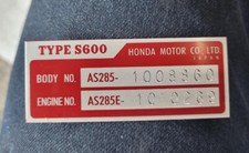 Fit For Honda S600 Aluminum Id Plate Data Engraved
