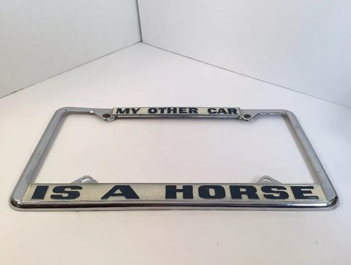 My Other Car Is Horse Vintage Silver Metal Blue License Plate Holder Frame - Picture 8 of 12