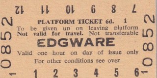 London Underground Railway PLATFORM Ticket EDGWARE 0852