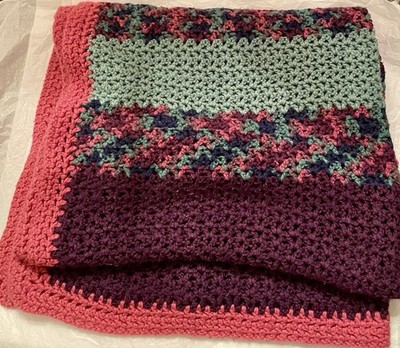 Crochet Crib Leg Blanket Throw Purple Pink Teal Blue Beautiful Craftsmanship