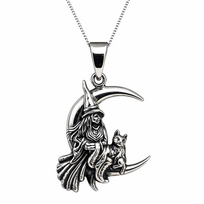 Hexe Katze Mond Anhänger 20'' Halskette 925 Sterling Silber Hexenschmuck & Box