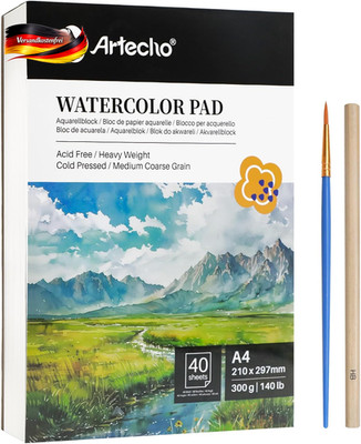 Artecho Aquarellpapier A4 300G 40 Blatt Mit Aquarellpinsel Und Bleistift, Weiß A