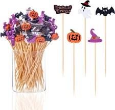 100 Pack Halloween Toothpicks for Appetizers, 4.7 Inch Natural Bamboo Cocktail