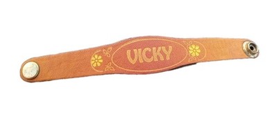 VTG VICKY Name Bracelet Stamped Leather Ombre Handmade Cuff Yellow Flowers 1970s