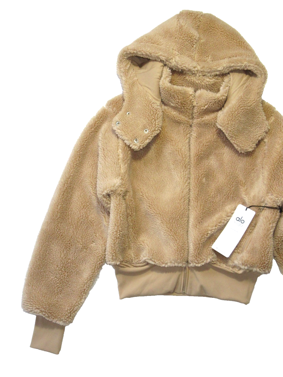 NWT ALO Women's Foxy Sherpa Jacket in Camel Relaxed Boxy Hooded