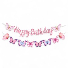 Pink Butterfly Happy Birthday Banner   Paper Party Garland