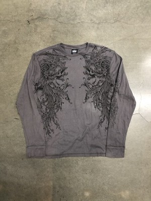 Vintage Y2K MMA Elite Waffle Knit Thermal Long Sleeve Skull Grey 
