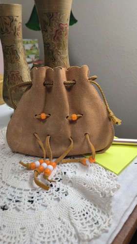 Brown Suede Drawstring Pouch with Orange Beads Western Costume Accessory